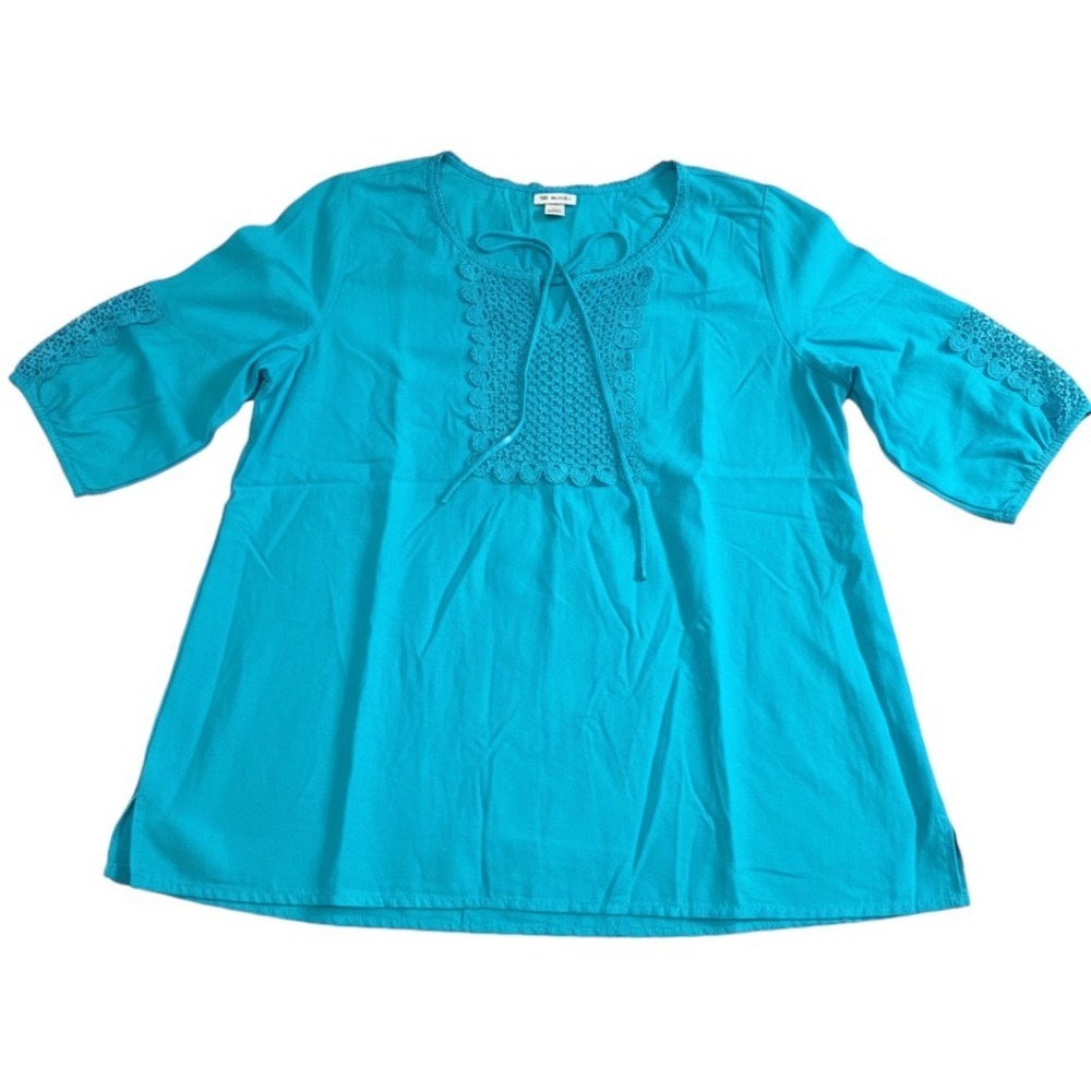 Catherines Blouse Womens 2X Turquoise Boho Crochet Lace Cotton Peasant Top